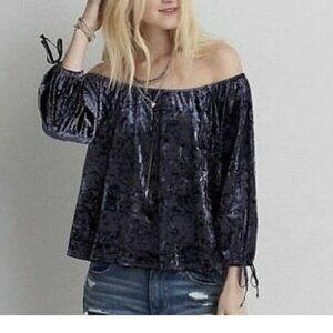 American Eagle Crushed Velvet Top XL Navy Blue Off Shoulder Boho Romantic